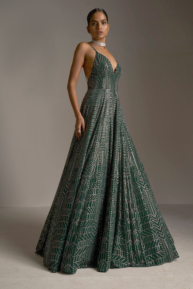 Bottle Green Designer Gown With Sequin Work – Puri Emporio